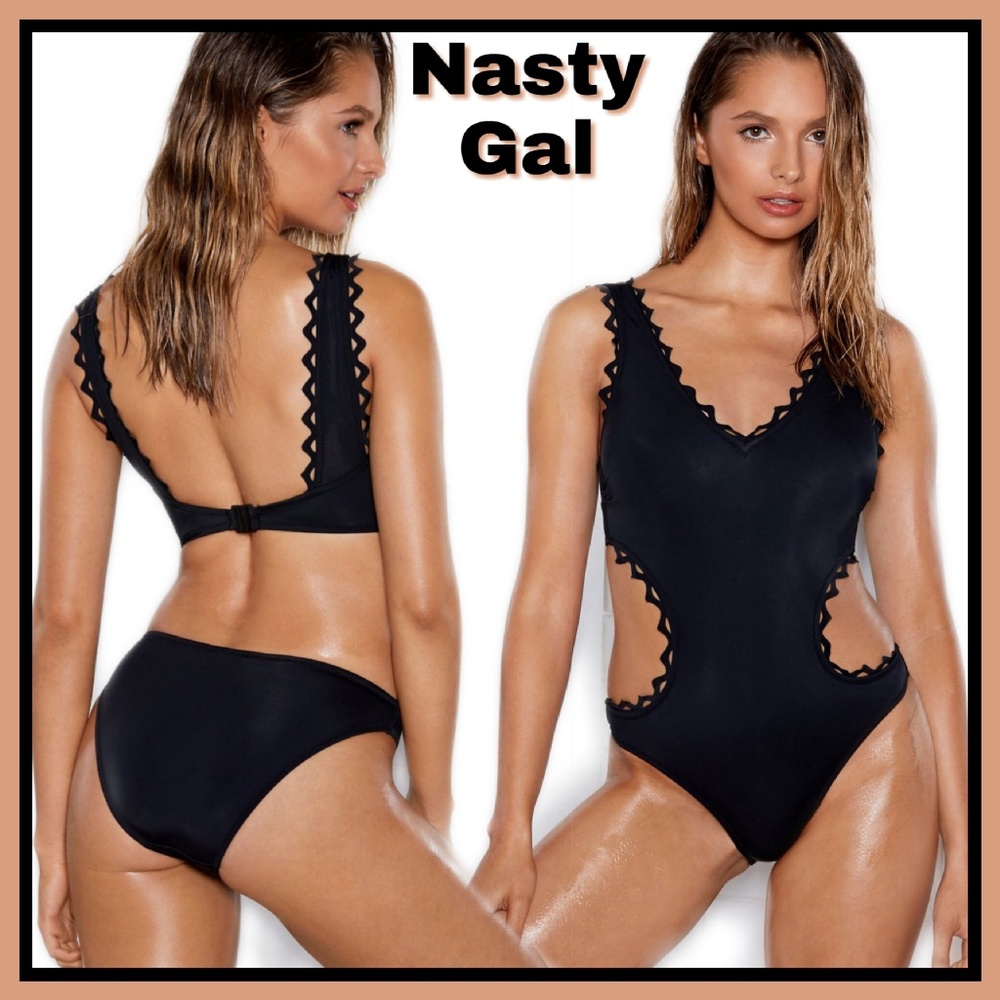 NASTY GAL Laser Cuts Black One-Piece Swimsuit Sz 2 - Picture 2 of 4